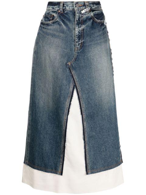 layered denim flared skirt by MAISON MIHARA YASUHIRO
