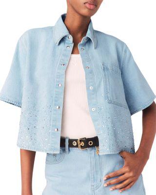 Cropped Rhinestone Denim Shirt by MAJE