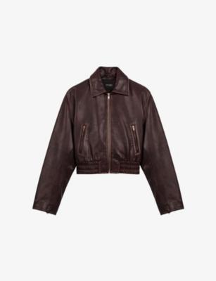 Cropped Smocked-Waist Leather Jacket by MAJE
