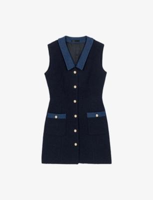 Denim-Trim Sleeveless Tweed Mini Dress by MAJE