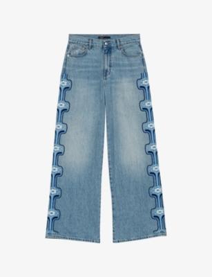 Floral-Embroidered Wide-Leg Denim Jeans by MAJE