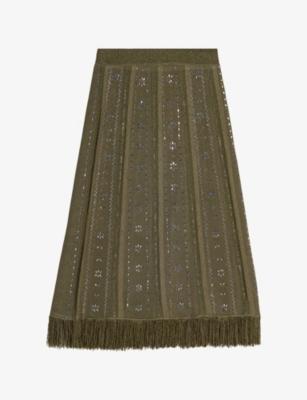 High-Rise Rhinestone-Embellished Knitted Midi Skirt by MAJE