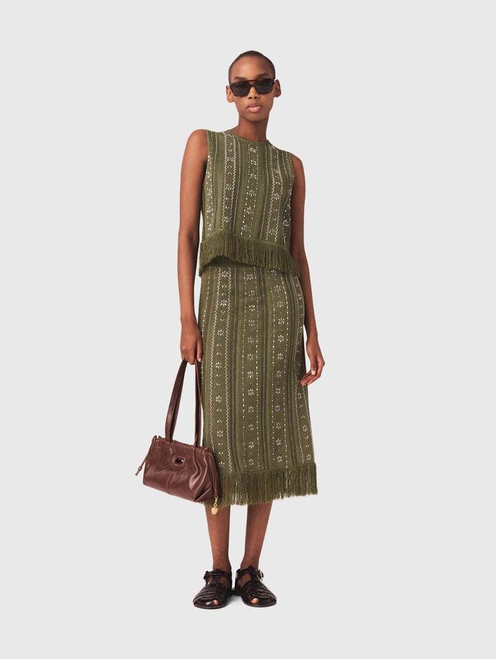 Knit skirt with rhinestone flowers by MAJE