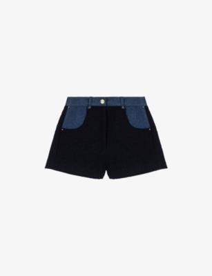 Mid-Rise Denim-Trim Tweed Shorts by MAJE