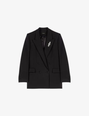 Removable-Brooch Double-Breasted Stretch Wool-Blend Blazer by MAJE
