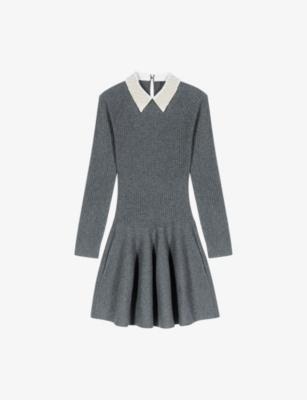 Ribbed Beaded-Collar Stretch-Knit Mini Dress by MAJE