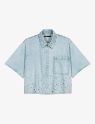Short-Sleeved Rhinestone-Embellished Denim Shirt by MAJE