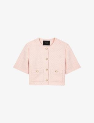 Short-Sleeved Rhinestone-Embellished Tweed Jacket by MAJE