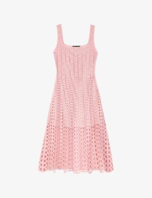 Square-Neck Rhinestone-Embellished Crochet Midi Dress by MAJE