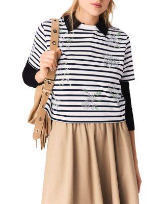 Striped Tee with Rhinestones by MAJE