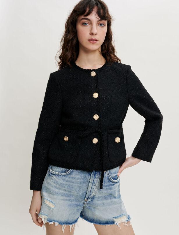 Violette - Belted shiny  tweed jacket by MAJE