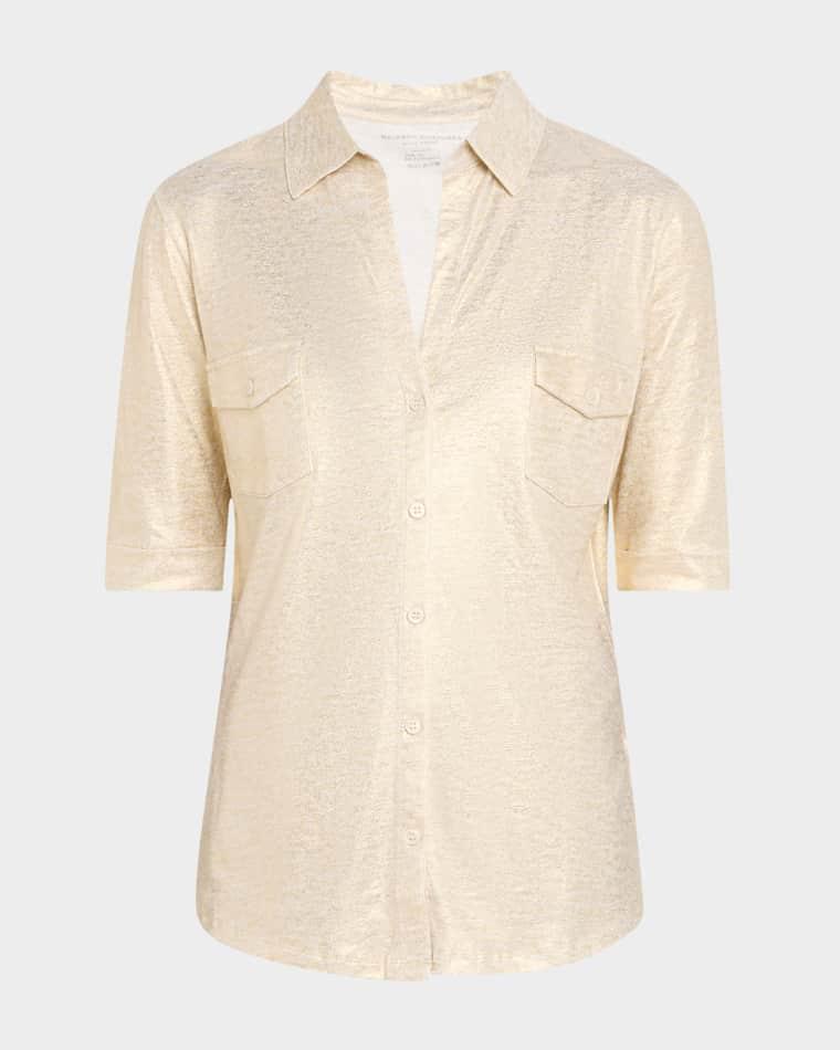 Button-Down Metallic Stretch Linen Shirt by MAJESTIC FILATURES