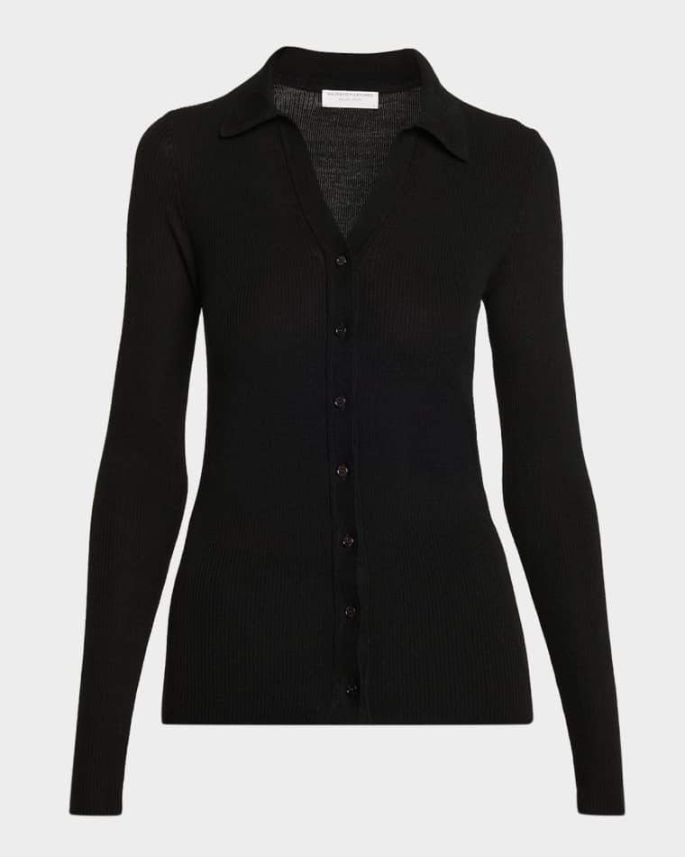 Button-Down Rib Knit Wool Sweater by MAJESTIC FILATURES