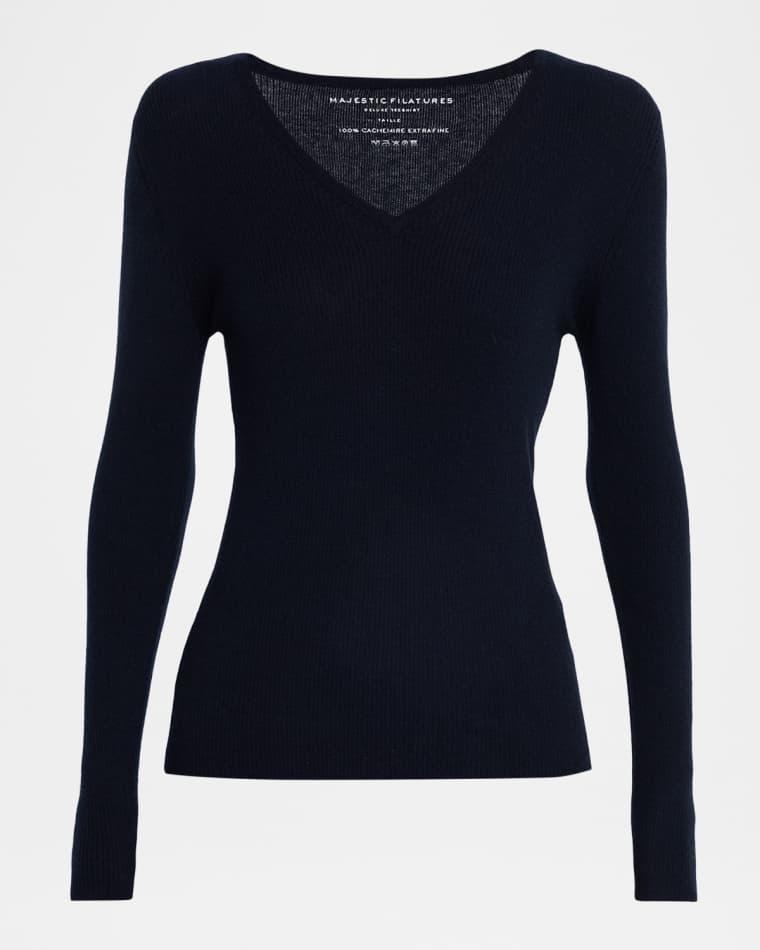 Cashmere Rib Knit V-Neck Sweater by MAJESTIC FILATURES