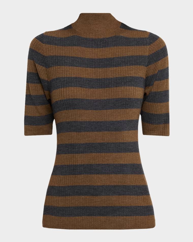 Striped Rib Knit Merino Wool Mock-Neck by MAJESTIC FILATURES Striped Rib Knit Merino Wool Mock-Neck by MAJESTIC FILATURES