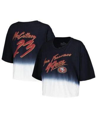 Women's Threads Christian McCaffrey Black, White Distressed San Francisco 49ers Dip-Dye Player Name and Number Crop Top by MAJESTIC