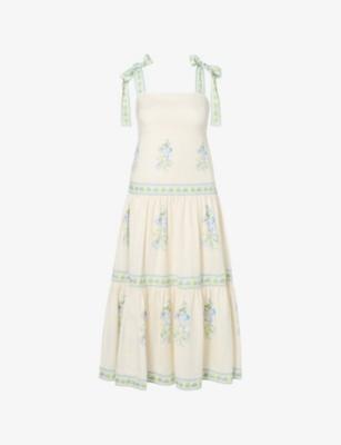 Stefania Flower-Embroidery Linen-Blend Midi Dress by MALINA