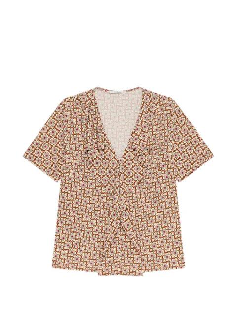 Mouliné ruffled geometric V-neck top by MALIPARMI