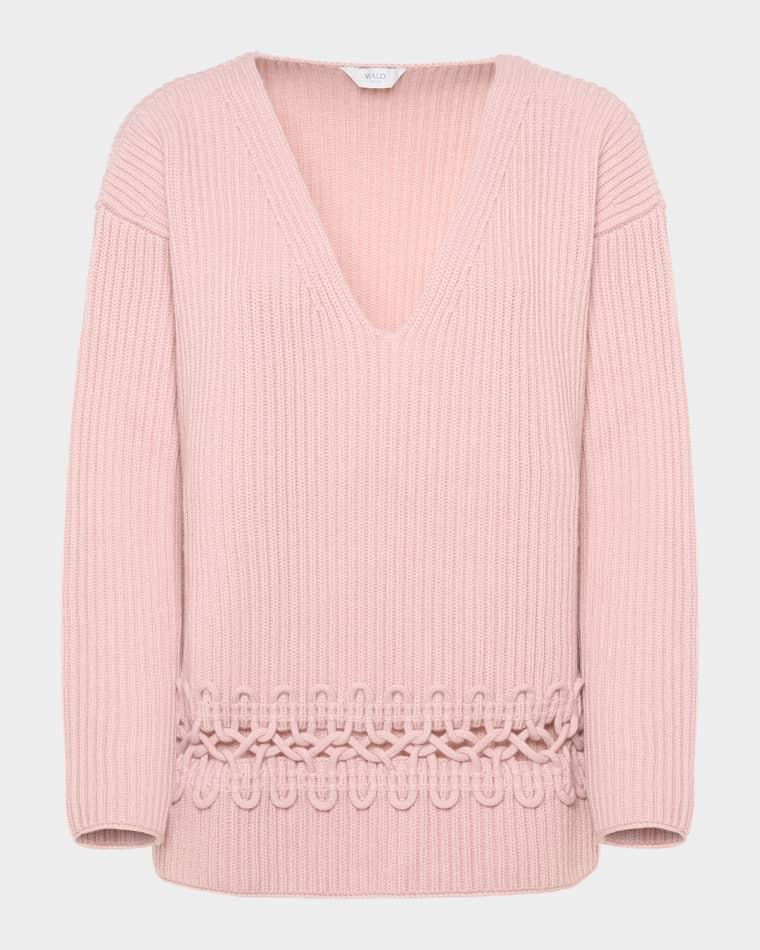 Alma Embroidered Cashmere Rib V-Neck Sweater by MALO