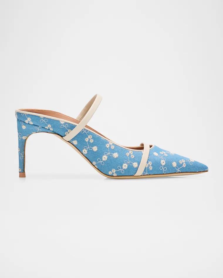 70mm Aurora Embroidered Denim Mule Pumps by MALONE SOULIERS