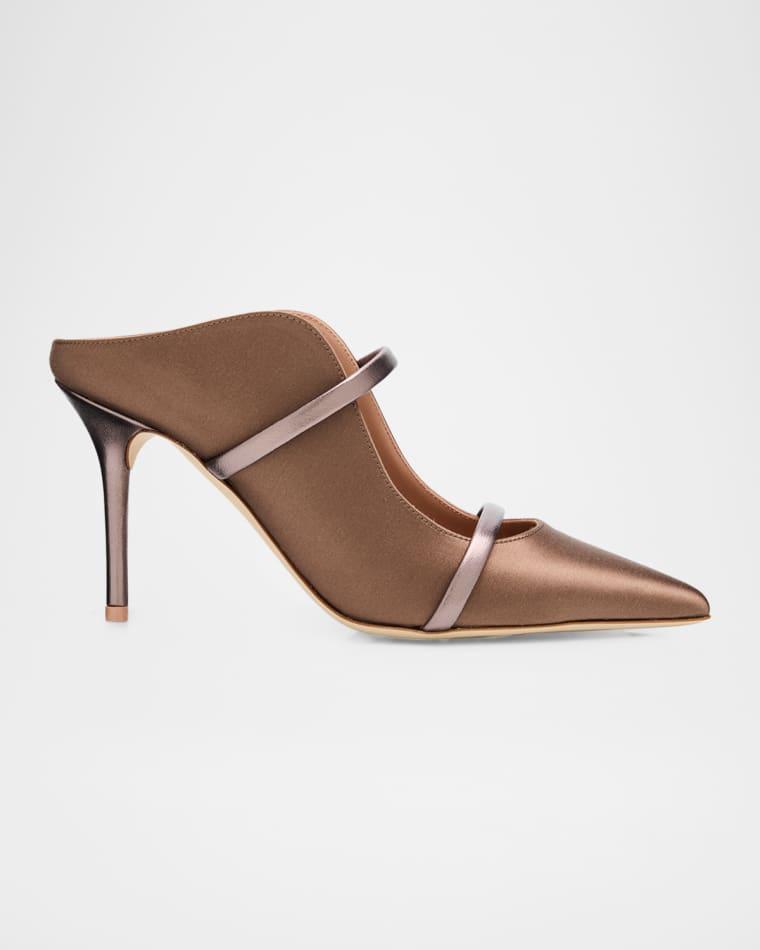 85mm Maureen Satin Mules with Double Metallic Nappa Leather Straps by MALONE SOULIERS