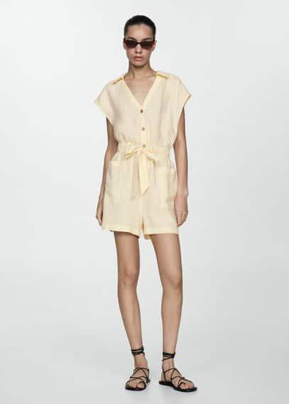 100% linen jumpsuit with bow pastel yellow by MANGO