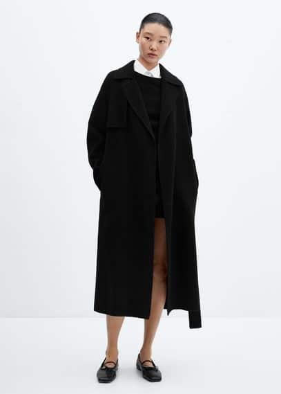 Wool coat with handmade belt black by MANGO