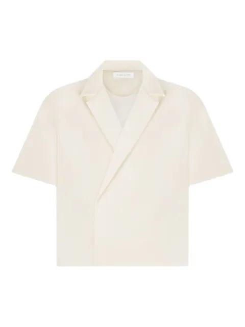 Abel in cream boxy twill double-breasted shirt by MANIERE DE VOIR