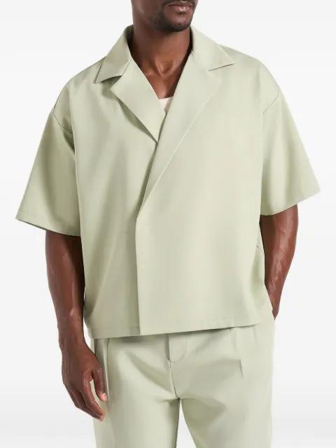 Abel in sage boxy double-breasted tailored shirt by MANIERE DE VOIR