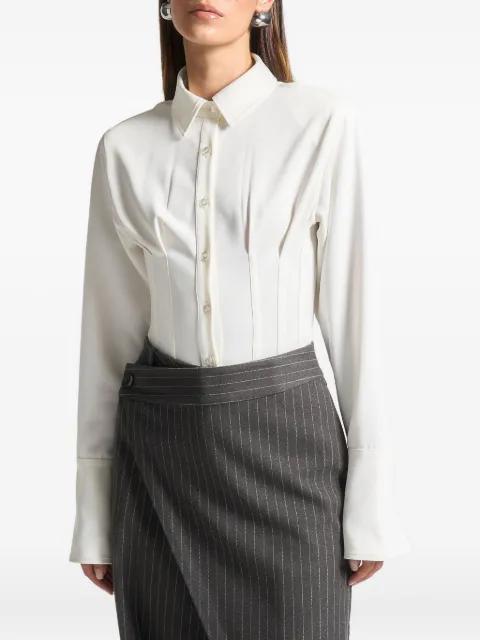 Agnes in off-white corset shirt bodysuit by MANIERE DE VOIR