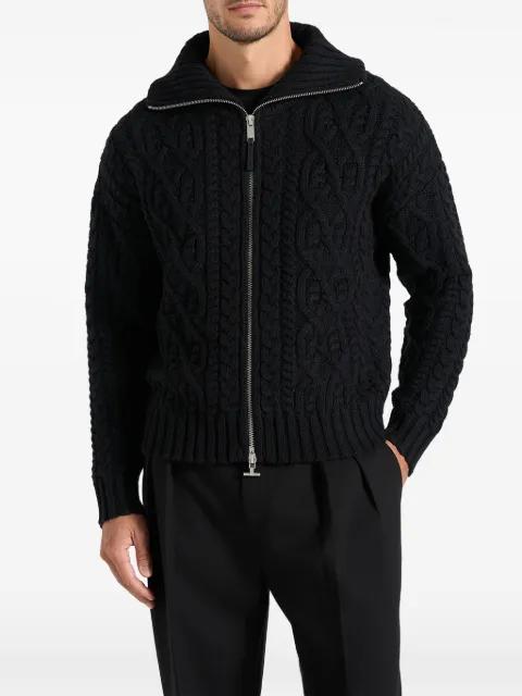 Amael in black cable knit wool-blend cardigan by MANIERE DE VOIR