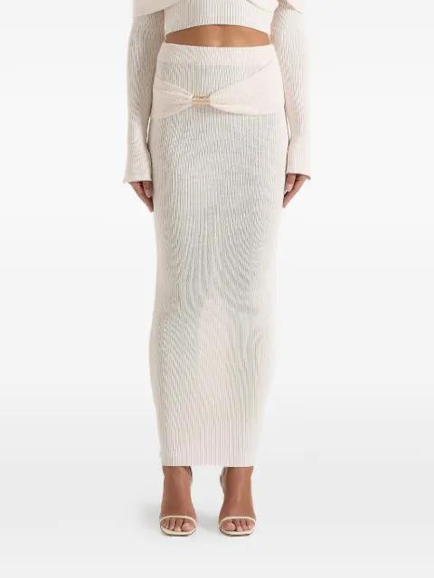 Amy in cream asymmetric midaxi skirt with hardware-detail by MANIERE DE VOIR