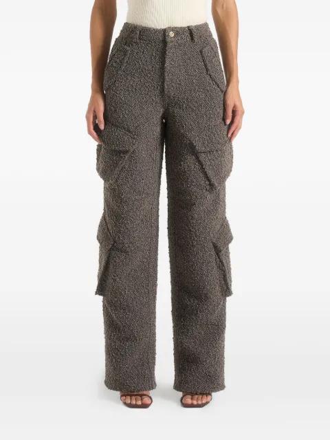 Anne in brown high-waisted boucle denim cargo pants by MANIERE DE VOIR