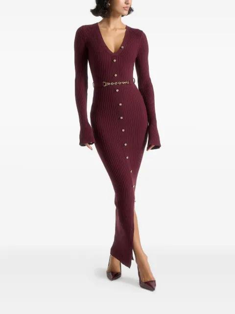 Assia long-sleeve belted knitted wine red maxi dress with belt by MANIERE DE VOIR