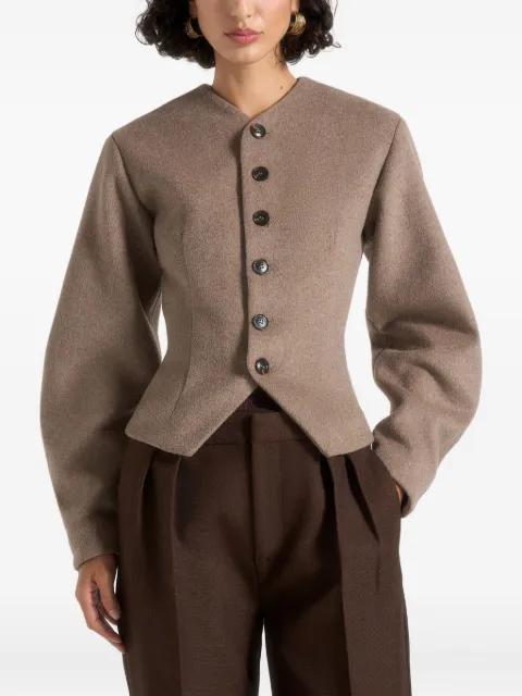 Aya in taupe wool hourglass jacket by MANIERE DE VOIR