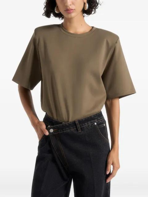 BS002 in olive  wide-shoulder bodysuit T-Shirt by MANIERE DE VOIR