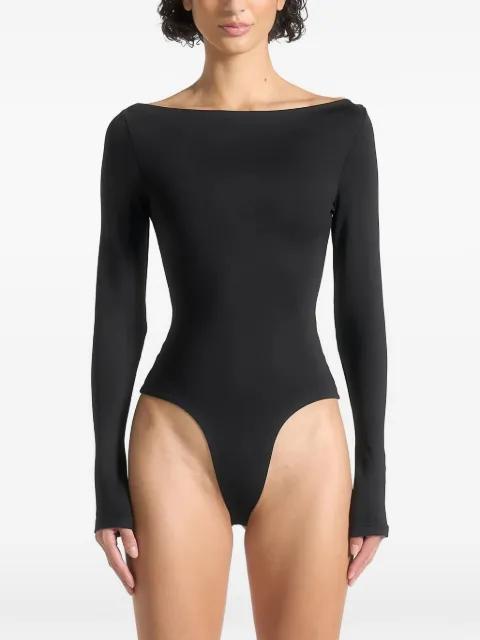 BS003  in black boat-neck bodysuit by MANIERE DE VOIR
