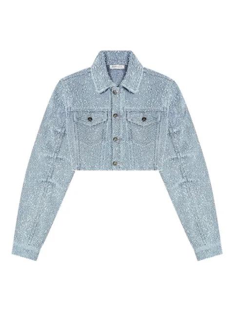 Catherine in mid blue denim cropped bouclé jacket by MANIERE DE VOIR