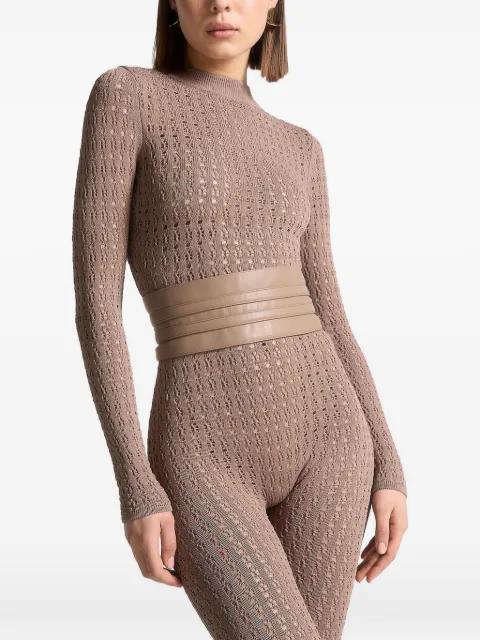 Chantal pointelle-knit long-sleeve detachable-belt taupe jumpsuit by MANIERE DE VOIR Chantal pointelle-knit long-sleeve detachable-belt taupe jumpsuit by MANIERE DE VOIR