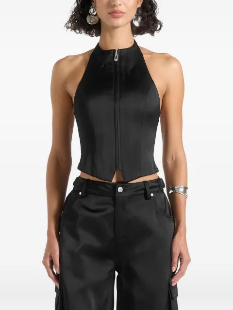 Claudette in black satin halterneck backless top by MANIERE DE VOIR