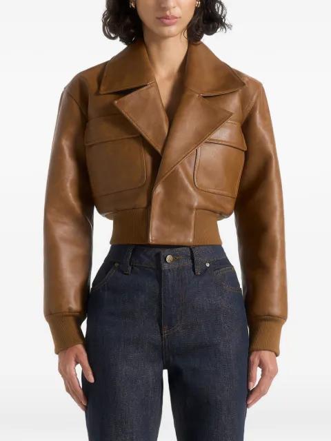 Cosette in brown old effect leather lapel bomber jacket by MANIERE DE VOIR