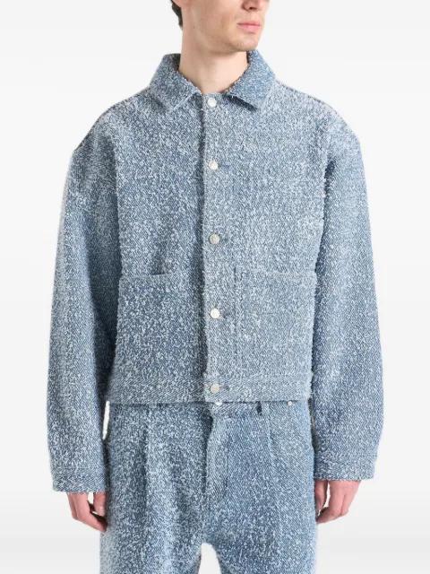 Damien in blue bouclé denim jacket with back pleat by MANIERE DE VOIR