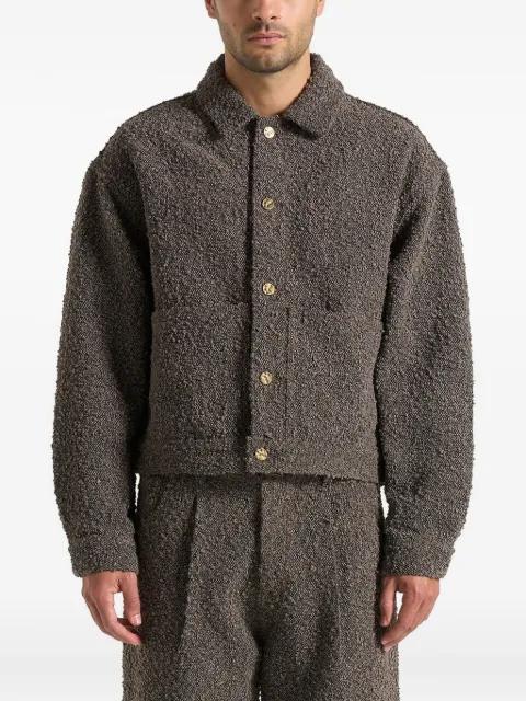 Damien in brown bouclé denim jacket with back-pleat by MANIERE DE VOIR