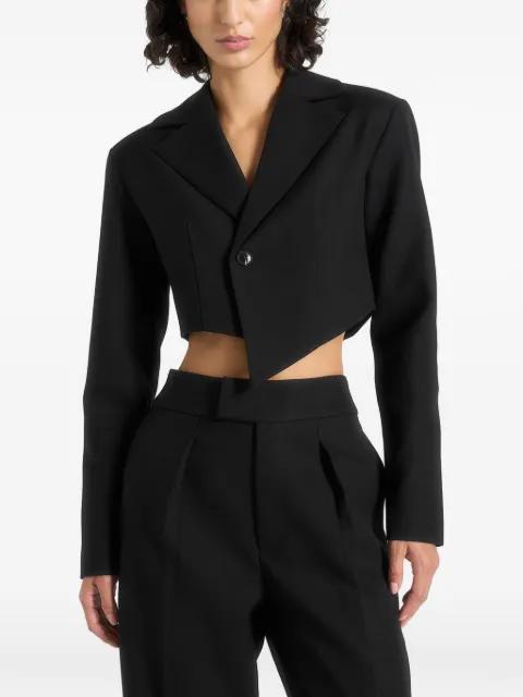 Dina in black asymmetric cropped blazer by MANIERE DE VOIR