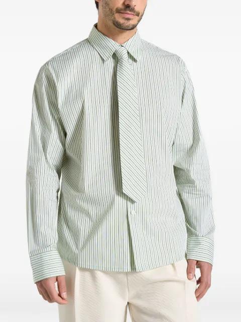 Dylan in sage pinstripe long-sleeve shirt with detachable tie by MANIERE DE VOIR