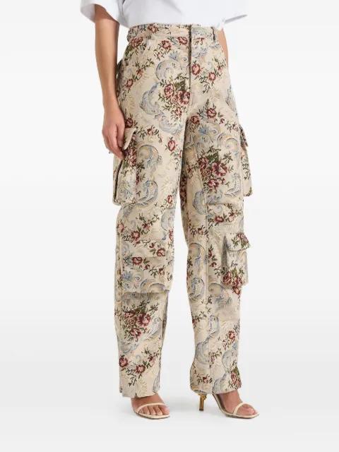 Emilie in beige high waisted tapestry cargo pants by MANIERE DE VOIR