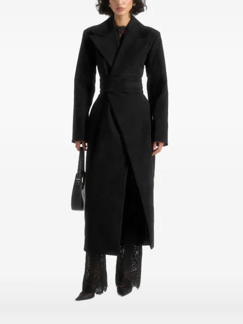 Esma in black asymmetric coat with cinch belt by MANIERE DE VOIR