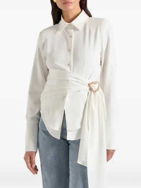 Fia in white wrap-shirt with hardware detail by MANIERE DE VOIR