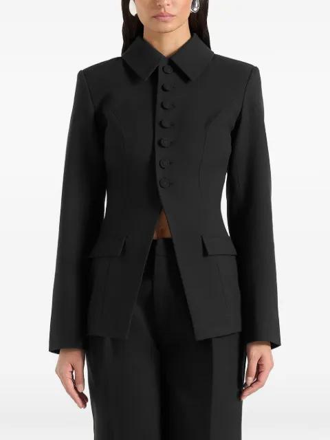 Harper in black tailored cinch blazer with detachable collar by MANIERE DE VOIR