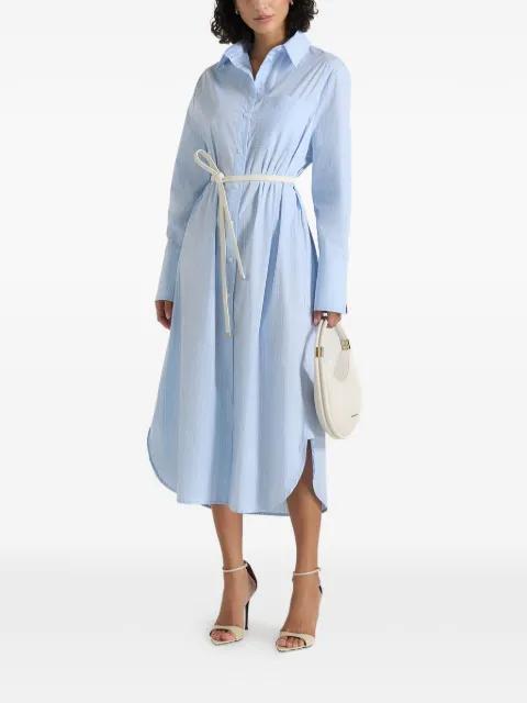 Isa in pale blue belted pinstripe cotton midi shirt dress by MANIERE DE VOIR